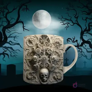 Taza de sublimación con diseño gótico de múltiples calaveras y mecanismos de relojeria intrincados en un patrón ornamentado. Fondo de luna llena y árboles sombríos.