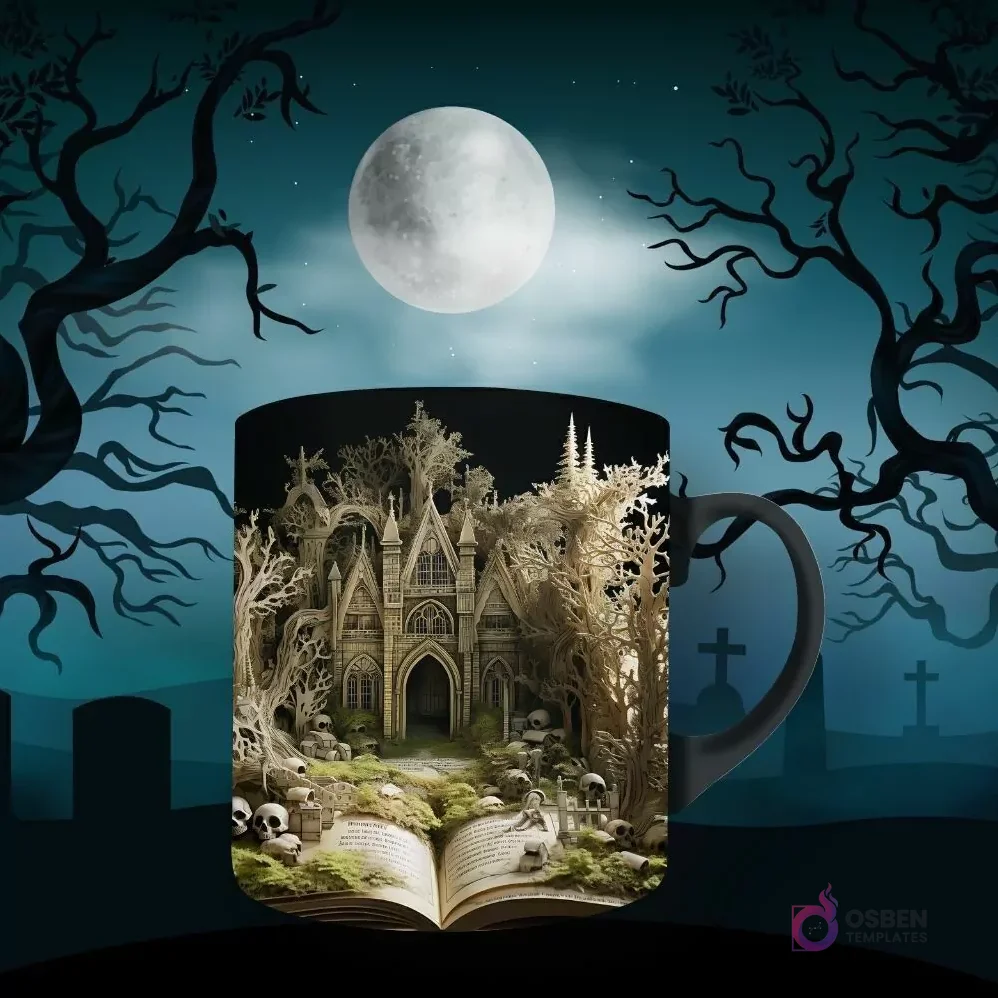 Taza de sublimación con diseño gótico de una casa encantada en un bosque de árboles retorcidos y calaveras dispersas sobre un libro abierto. Fondo de luna llena y árboles sombríos.