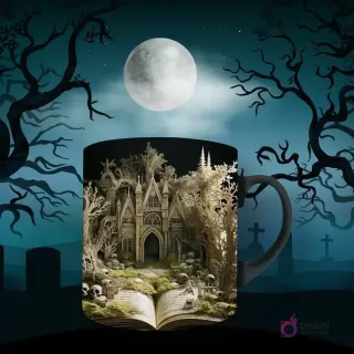 Taza de sublimación con diseño gótico de una casa encantada en un bosque de árboles retorcidos y calaveras dispersas sobre un libro abierto. Fondo de luna llena y árboles sombríos.