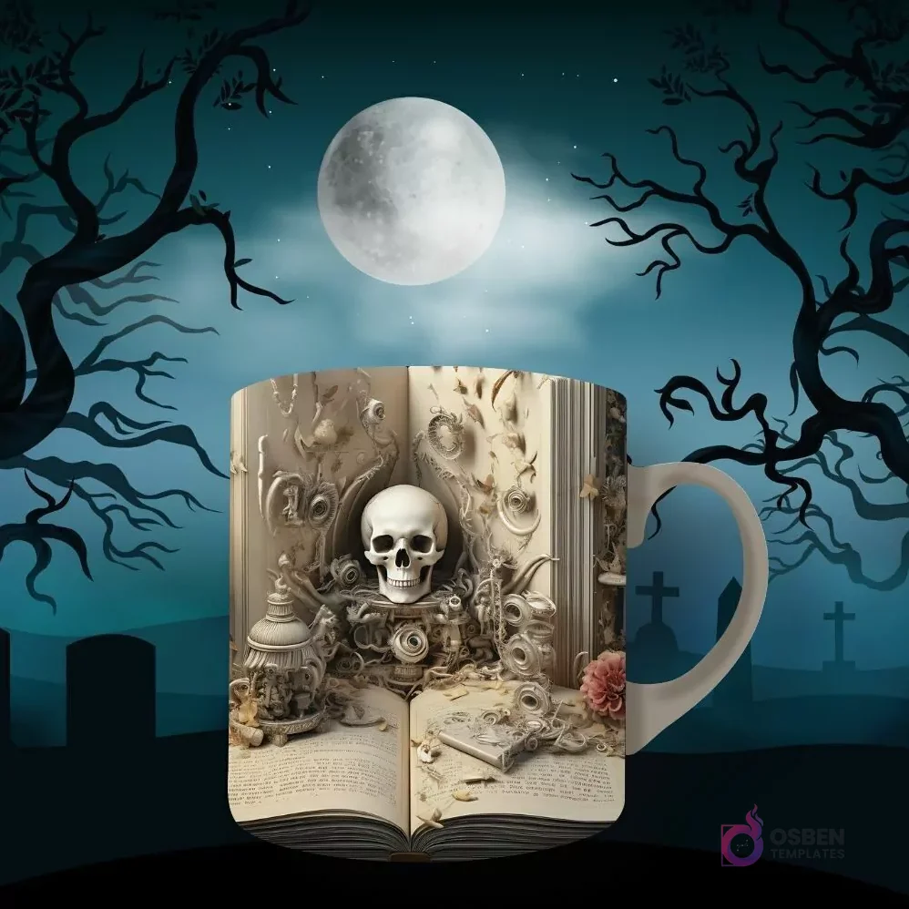 Taza de sublimación con diseño gótico de calavera central rodeada de objetos antiguos y ornamentos sobre un libro abierto. Fondo de luna llena y árboles sombríos.