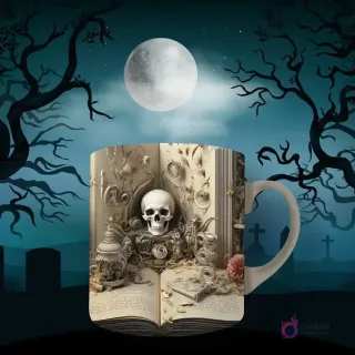 Taza de sublimación con diseño gótico de calavera central rodeada de objetos antiguos y ornamentos sobre un libro abierto. Fondo de luna llena y árboles sombríos.