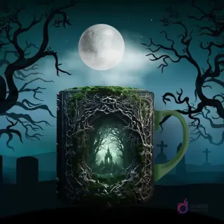 Taza de sublimación con diseño gótico de un portal o arco de ramas entrelazadas y musgo verde que revela un bosque misterioso. Fondo de luna llena y árboles sombríos.