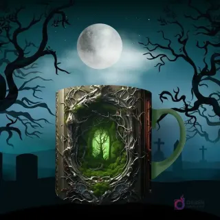 Taza de sublimación con diseño gótico de un bosque místico y entrelazado con una luz verde etérea al fondo. Fondo de luna llena y árboles sombríos.