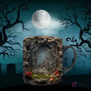 Taza de sublimación con diseño gótico de una cueva formada por árboles retorcidos, calaveras y vegetación oscura. Fondo de luna llena y árboles sombríos.
