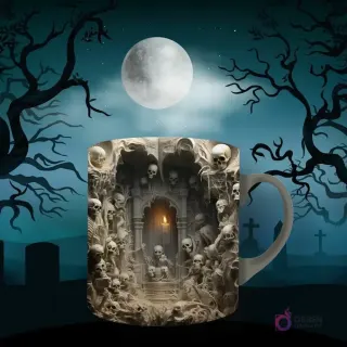 Taza de sublimación con diseño gótico de un altar o nicho lleno de calaveras con una vela encendida en el centro, rodeado de arcos ornamentados. Fondo de luna llena y árboles sombríos.