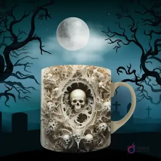 Taza de sublimación con diseño gótico de una calavera central enmarcada por un patrón circular altamente ornamentado y rodeada de pequeñas calaveras. Fondo de luna llena y árboles sombríos.