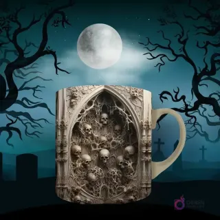 Taza de sublimación con diseño gótico de un arco ojival con múltiples calaveras incrustadas y detalles ornamentales. Fondo de luna llena y árboles sombríos.