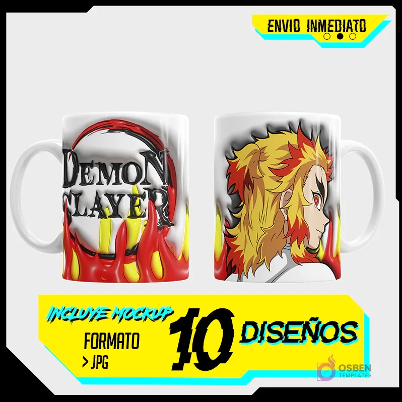 Taza sublimada con logo Demon Slayer 3D inflado y personaje Rengoku Kyojuro con fondo de llamas vibrantes