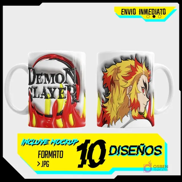 Taza sublimada con logo Demon Slayer 3D inflado y personaje Rengoku Kyojuro con fondo de llamas vibrantes