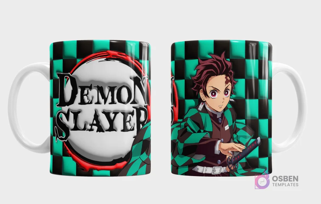 Taza con diseño de Tanjiro Kamado de Demon Slayer y logo 3D inflado sobre fondo a cuadros verde y negro
