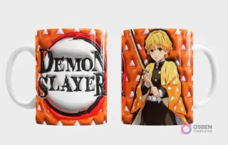 Taza sublimada con Zenitsu Agatsuma de Demon Slayer y logo 3D inflado sobre fondo naranja texturizado