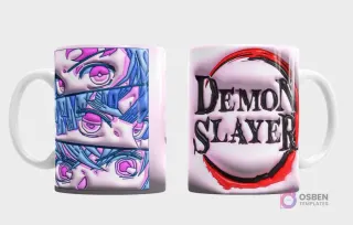 Taza con diseño de ojos estilizados y logo Demon Slayer 3D inflado sobre fondo rosa claro texturizado