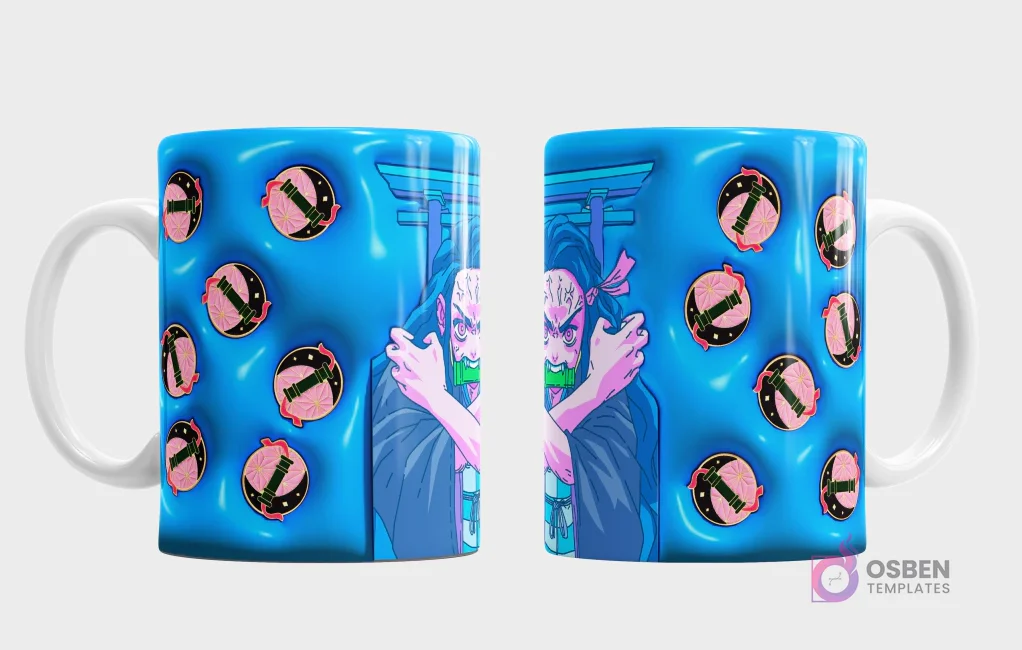 Taza con diseño de Nezuko Kamado en un fondo azul vibrante con efecto 3D inflado