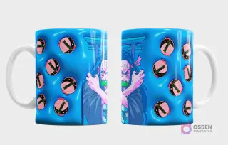 Taza con diseño de Nezuko Kamado en un fondo azul vibrante con efecto 3D inflado