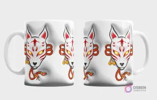 Taza sublimada con una máscara kitsune de Demon Slayer con ojos brillantes y efecto 3D inflado