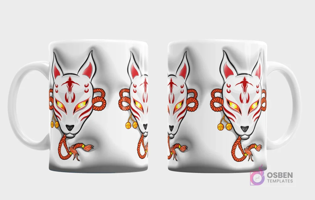 Taza sublimada con una máscara kitsune de Demon Slayer con ojos brillantes y efecto 3D inflado