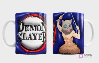 Taza con diseño de Inosuke Hashibira de Demon Slayer y logo 3D inflado sobre fondo azul oscuro texturizado