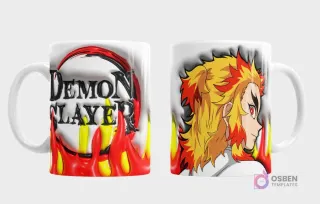 Taza sublimada con Rengoku Kyojuro y logo Demon Slayer rodeado de llamas rojas con efecto 3D inflado