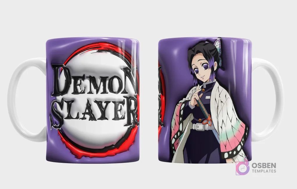 Taza con diseño de Shinobu Kocho de Demon Slayer y logo 3D inflado sobre un fondo morado suave