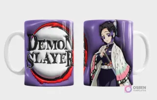 Taza con diseño de Shinobu Kocho de Demon Slayer y logo 3D inflado sobre un fondo morado suave