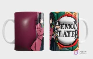 Taza con diseño de Giyu Tomioka de Demon Slayer y logo 3D inflado sobre fondo geométrico verde y oro
