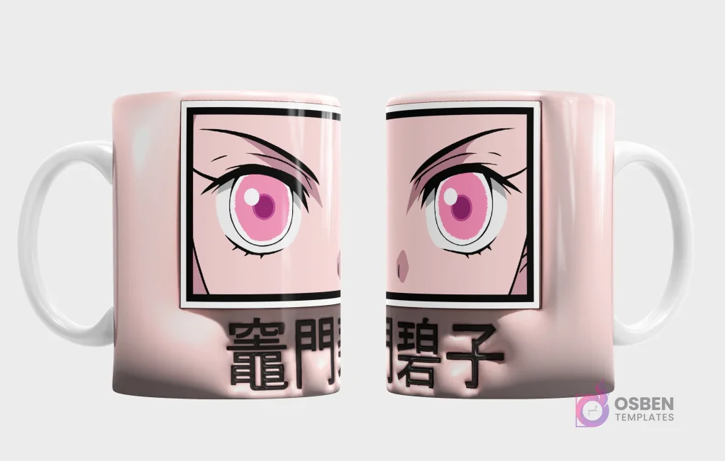 Taza con diseño de ojos anime rosas y caracteres japoneses, con efecto 3D inflado sobre fondo rosa claro