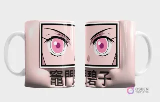 Taza con diseño de ojos anime rosas y caracteres japoneses, con efecto 3D inflado sobre fondo rosa claro