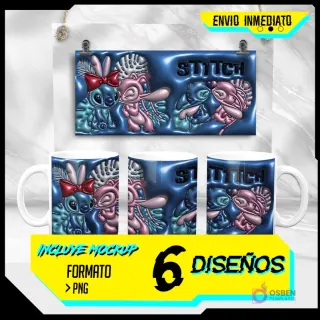 Plantilla de sublimación 3D para tazas de Stitch y Angel con diseño azul, mostrando 6 diseños y formato PNG con mockup.
