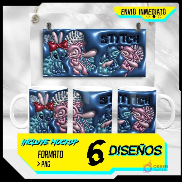Plantilla de sublimación 3D para tazas de Stitch y Angel con diseño azul, mostrando 6 diseños y formato PNG con mockup.