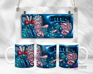 Diseño de plantilla de taza 3D de Stitch y Angel con fondo azul vibrante y hojas tropicales, mostrando vista plana y en taza.