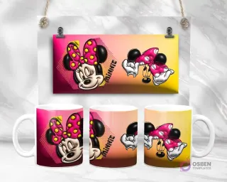 Diseño de plantilla de taza 3D de Minnie Mouse con fondo degradado rosa y amarillo, mostrando su rostro y manos, vista plana y en taza.