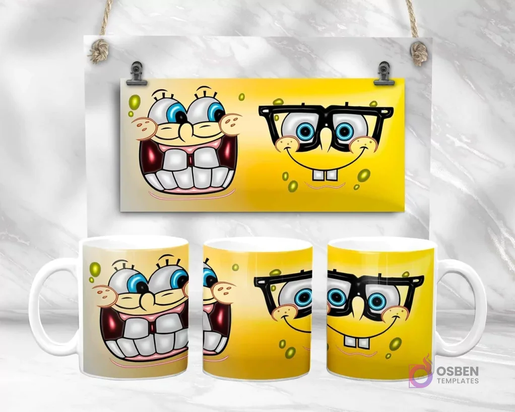 Diseño de plantilla de taza 3D de Bob Esponja con dos expresiones faciales divertidas, fondo amarillo, vista plana y en taza.