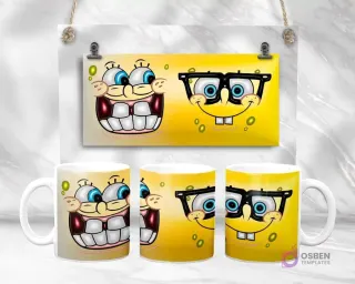 Diseño de plantilla de taza 3D de Bob Esponja con dos expresiones faciales divertidas, fondo amarillo, vista plana y en taza.