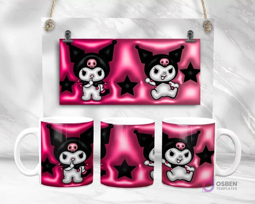 Diseño de plantilla de taza 3D de Kuromi de Sanrio en poses diversas con fondo rosa brillante y estrellas negras, vista plana y en taza.