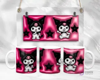 Diseño de plantilla de taza 3D de Kuromi de Sanrio en poses diversas con fondo rosa brillante y estrellas negras, vista plana y en taza.