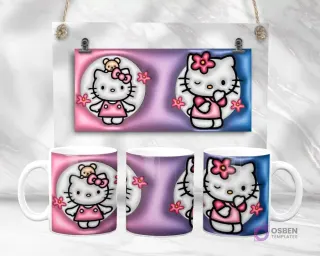 Diseño de plantilla de taza 3D de Hello Kitty de Sanrio en poses adorables con fondo degradado rosa y azul y flores, vista plana y en taza.