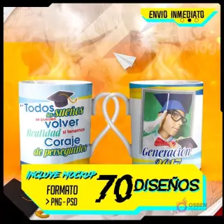 Banner promocional de 70 diseños para tazas de sublimación de graduación, con dos tazas mockups y el texto 'Envío Inmediato', 'Incluye Mockup', '70 Diseños', 'Formato PNG-PSD'.