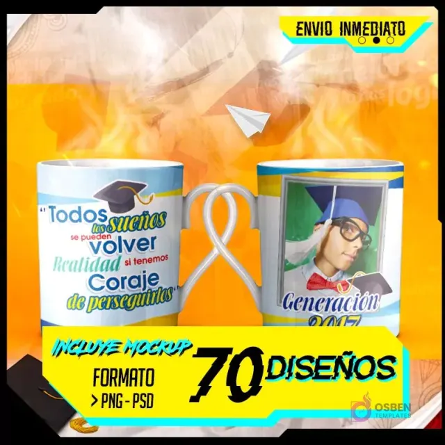 Banner promocional de 70 diseños para tazas de sublimación de graduación, con dos tazas mockups y el texto 'Envío Inmediato', 'Incluye Mockup', '70 Diseños', 'Formato PNG-PSD'.