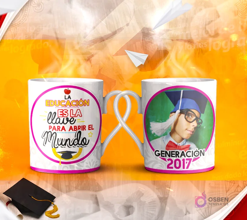 Dos tazas mockup de graduación, una con espacio para foto del graduado y otra con la frase 'La Educación es la llave para abrir el MUNDO, un Pasaporte a la Libertad' con diseño colorido.