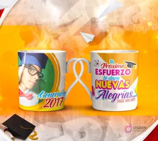 Dos tazas mockup de graduación, una con espacio para foto del graduado 'Generación 2017' y otra con la frase 'Nada ha terminado - HASTA EL MOMENTO en que dejas de INTENTARLO'.