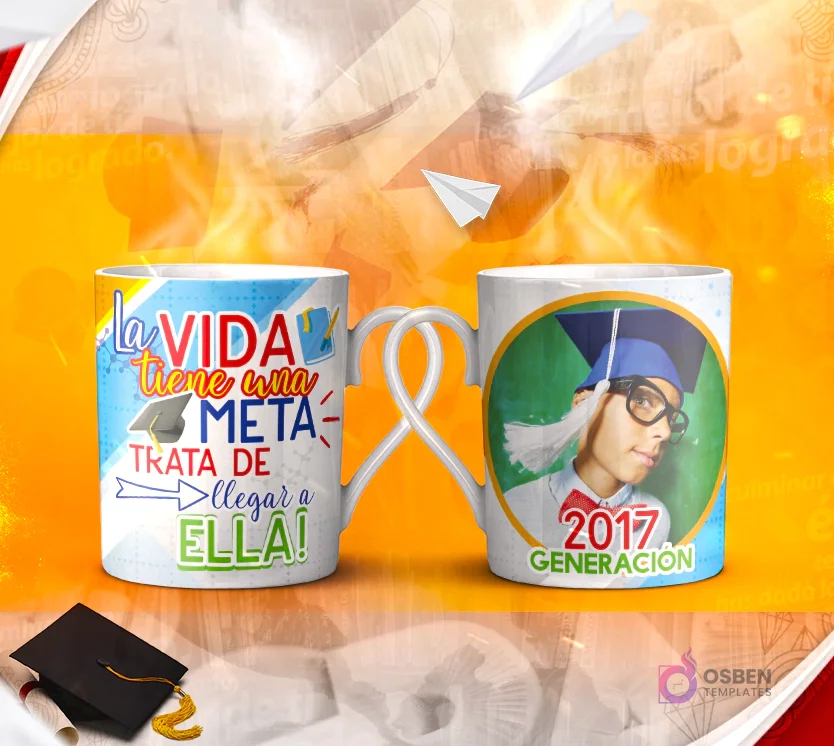 Dos tazas mockup de graduación, una con espacio para foto del graduado y otra con la frase 'NADIE deja de LLEGAR cuando de verdad se lo PROPONE!'.