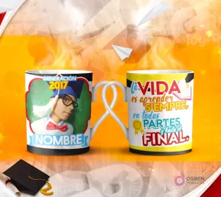 Dos tazas mockup de graduación, una con espacio para foto del graduado 'Generación 2017' y otra con la frase 'La VIDA tiene una META TRATA de llegar a ELLA!'.