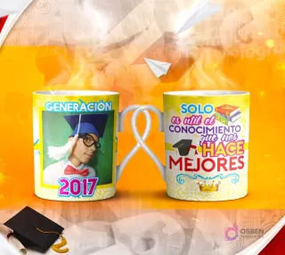 Dos tazas mockup de graduación, una con espacio para foto del graduado y otra con la frase 'La VIDA es aprender SIEMPRE, en todas PARTES y hasta el FINAL.'.
