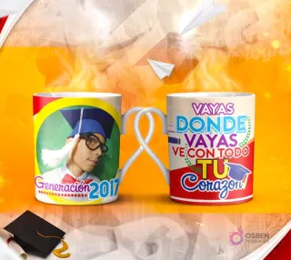 Dos tazas mockup de graduación, una con espacio para foto del graduado y otra con la frase 'SOLO es útil el CONOCIMIENTO que nos HACE MEJORES'.