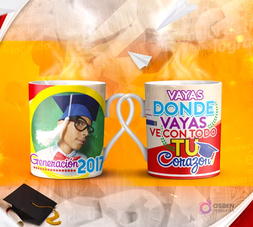 Dos tazas mockup de graduación, una con espacio para foto del graduado y otra con la frase 'SOLO es útil el CONOCIMIENTO que nos HACE MEJORES'.