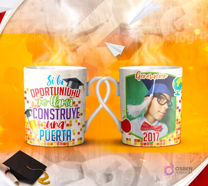 Dos tazas mockup de graduación, una con espacio para foto del graduado y otra con la frase 'VAYAS DONDE VAYAS VE CON TODO TU CORAZÓN!'.