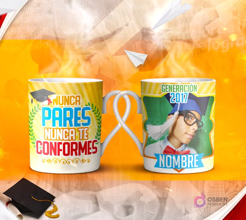 Dos tazas mockup de graduación, una con espacio para foto del graduado 'Generación 2017' y otra con la frase 'La Excelencia NO ES UNA HABILIDAD ES UNA ACTITUD'.