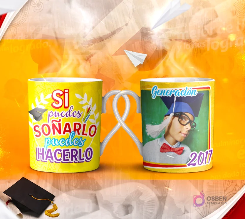 Dos tazas mockup de graduación, una con espacio para foto del graduado 'Generación 2017' y otra con la frase 'PON TU FUTURO EN BUENAS MANOS - Las Tuyas -'.