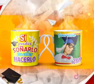Dos tazas mockup de graduación, una con espacio para foto del graduado 'Generación 2017' y otra con la frase 'PON TU FUTURO EN BUENAS MANOS - Las Tuyas -'.