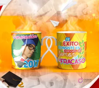 Dos tazas mockup de graduación, una con espacio para foto del graduado y otra con la frase 'Algún DÍA diré "No fue FÁCIL pero lo LOGRÉ"'.